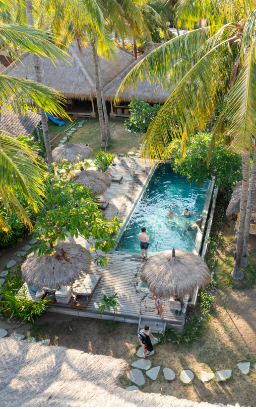 Aerial view of the pool at Captain Coconuts resort